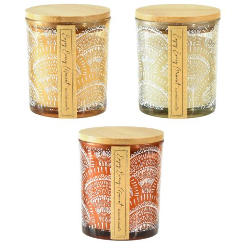 Article Bougies parfumées en verre couvercle bois de santal H8,5cm 3 pcs
