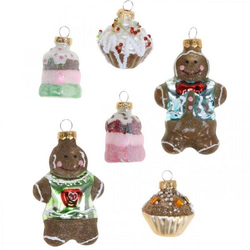 Floristik24 Pendentifs en verre bonhomme en pain d&#39;épice &amp; cupcakes, décorations de sapin de Noël mix, Boulangerie de Noël H4/8cm verre véritable 6pcs