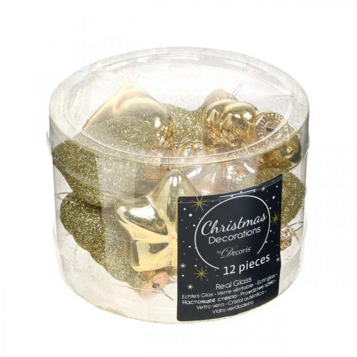 Mini décorations de sapin de Noël mix verre or, couleurs de perles assorties 4cm 12pcs