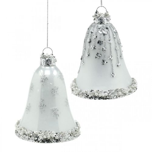 Floristik24 Cloches de Noël, décorations de sapin de Noël, cloches en verre Ø6,5cm H8cm blanc lot de 2