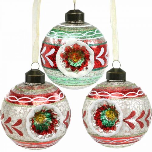 Floristik24 Boules de sapin de Noël avec motif, décorations d&#39;arbres, boules de Noël colorées H9cm Ø8cm verre véritable 3pcs