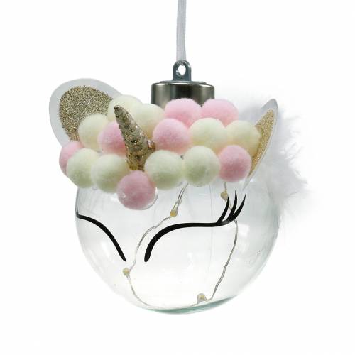 Floristik24 Boule de sapin de Noël licorne avec chaîne lumineuse LED couleurs bonbon, verre transparent, pompon Ø8cm Pour piles