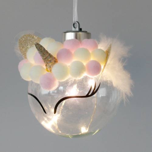 Floristik24 Boule de sapin de Noël licorne avec chaîne lumineuse LED couleurs bonbon, verre transparent, pompon Ø8cm Pour piles