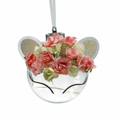 Boule de Noël licorne avec guirlande lumineuse LED et fleurs jaune, rouge, verre transparent, roses en papier Ø8cm Pour piles