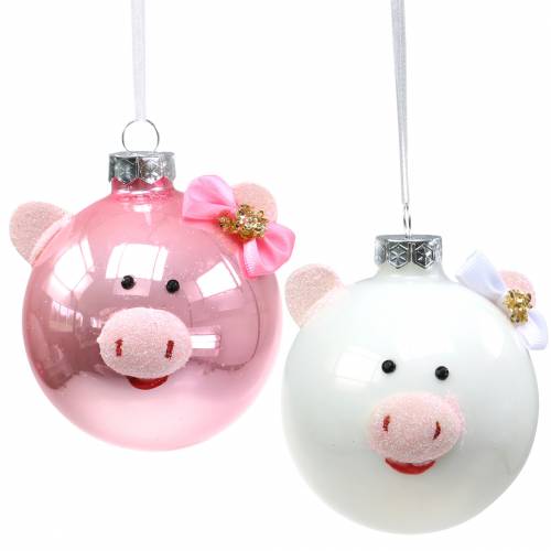 Floristik24 Décoration de sapin de Noël boule en verre cochon rose/blanc Ø8cm 2pcs
