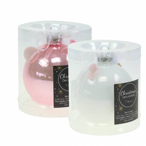 Floristik24 Décoration de sapin de Noël boule en verre cochon rose/blanc Ø8cm 2pcs