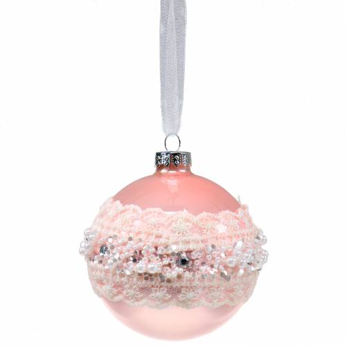 Floristik24 Boule en verre rose avec dentelle et perles 3pcs