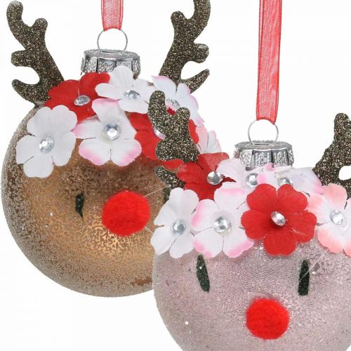 Floristik24 Boule de sapin de Noël, renne avec couronne de fleurs, décoration de l&#39;avent, décoration de sapin marron, rose en verre véritable Ø8cm 2pcs