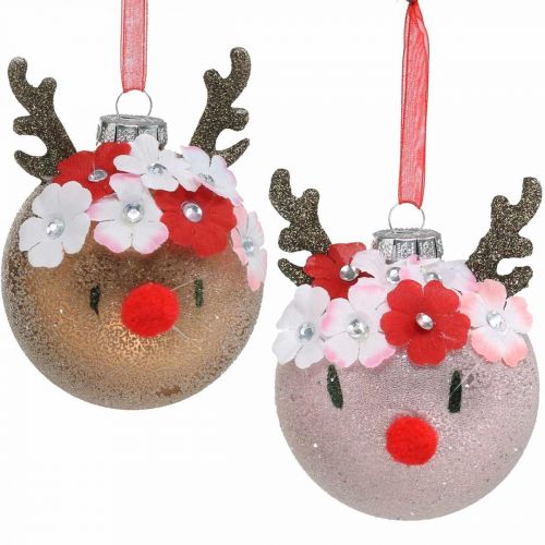Boule de sapin de Noël, renne avec couronne de fleurs, décoration de l&#39;avent, décoration de sapin marron, rose en verre véritable Ø8cm 2pcs