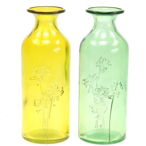 Floristik24 Vase en verre bouteille jaune, vert H19cm 2pcs