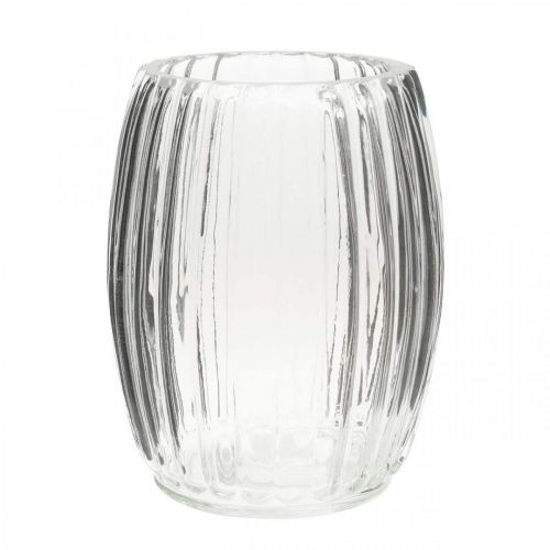 Vase en verre à rainures, lanterne en verre transparent H15cm Ø11.5cm