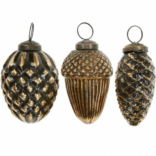 Floristik24 Glands et cônes à accrocher marron, verre doré 8.5cm 3pcs dans un ensemble