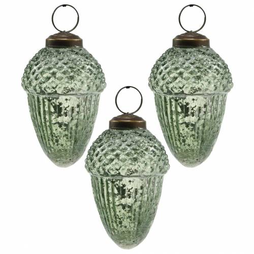 Floristik24 Décorations d&#39;arbre glands transparents, vert verre véritable 9cm 3pcs