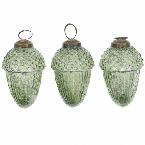 Floristik24 Décorations d&#39;arbre glands transparents, vert verre véritable 9cm 3pcs