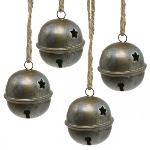 Floristik24 Cloches de Noël, cloches avec étoiles, décoration de l'avent en métal aspect antique H5,5cm Ø5cm 4pcs