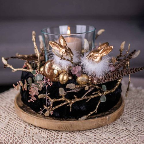 Floristik24 Lapin doré assis en terre cuite dorée avec plumes H20cm 2 pcs