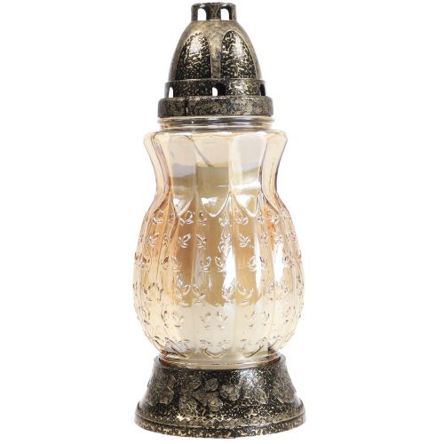 Lampe funéraire en verre vrilles roses H26cm Ø12cm teinté or 24-30h