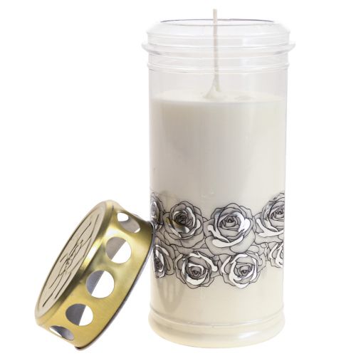 Article Bougie funéraire roses blanches argent lumière de deuil Ø7cm H18cm 77h