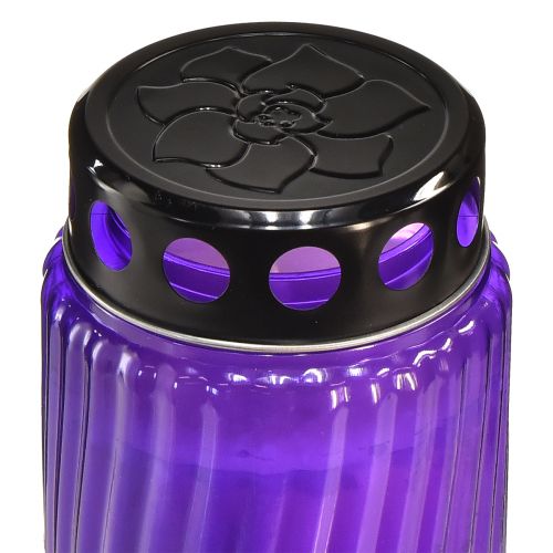 Floristik24 Couvercle de bougie funéraire motif fleur noir violet Ø9cm H27cm