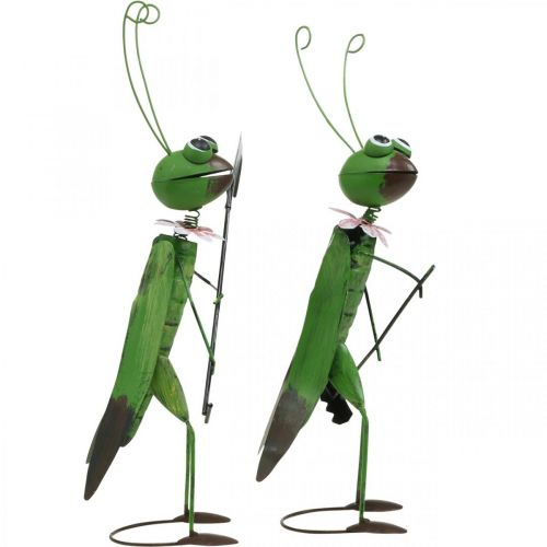 Article Sauterelle Figurine de Jardin Métal Décoration Cricket avec Râteau et Pelle H33cm Lot de 2