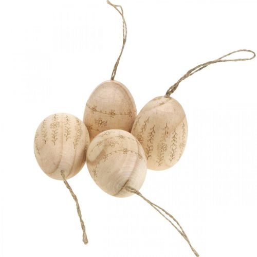 Floristik24 Oeufs de Pâques en bois oeufs en bois à suspendre avec cordon de jute 7cm 4pcs