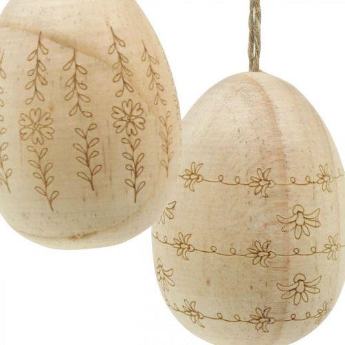 Floristik24 Oeufs de Pâques en bois oeufs en bois à suspendre avec cordon de jute 7cm 4pcs