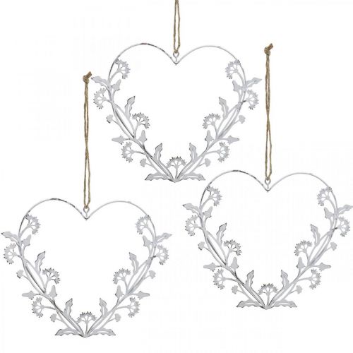 Floristik24 Coeur déco à suspendre pissenlit vintage métal blanc 17,5cm 3pcs