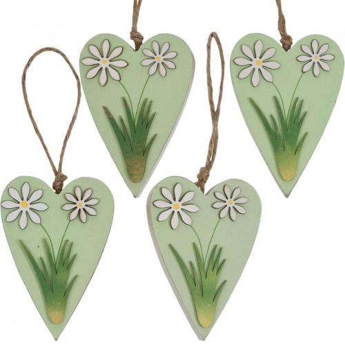 Article Coeurs décoratifs à suspendre avec fleurs bois vert, blanc 8.5×12cm 4pcs