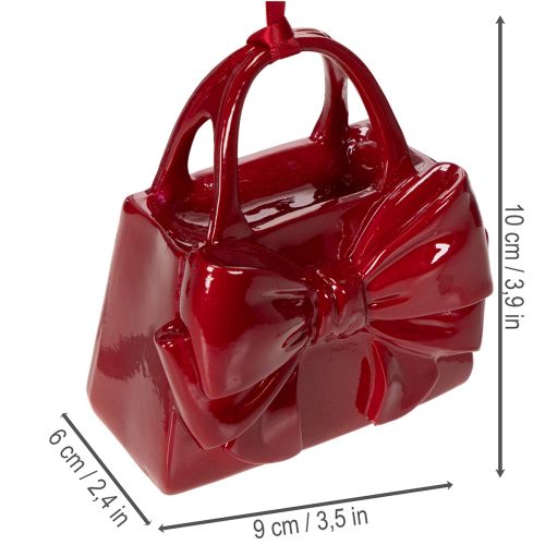 Décoration suspendue en forme de sac à main avec nœud, 10 cm, bordeaux, en polyresine | Floristik24.fr