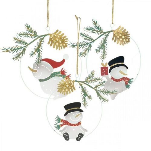 Floristik24 Pendentif de Noël bonhomme de neige décoration anneau métal Ø14cm 3pcs