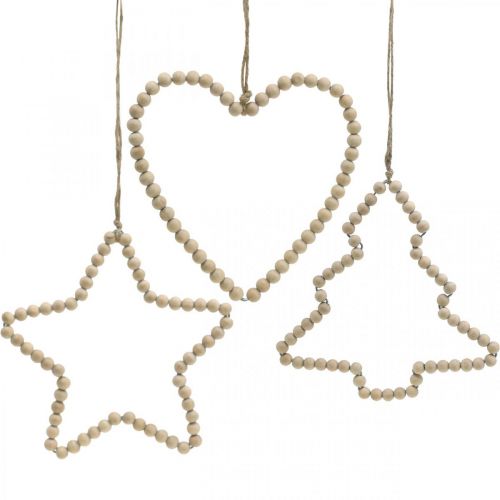 Floristik24 Suspension déco Noël perles en bois coeur arbre étoile H16cm 3pcs