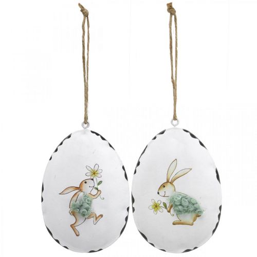 Floristik24 Oeufs avec lapin, oeufs de Pâques à suspendre, décoration métal blanc H10,5cm 4pcs