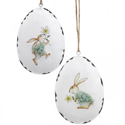 Oeufs avec lapin, oeufs de Pâques à suspendre, décoration métal blanc H10,5cm 4pcs
