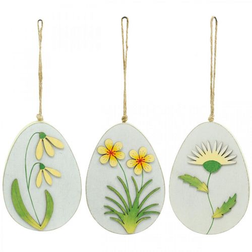 Article Oeufs à suspendre, oeufs de Pâques en bois, motif fleur, perce-neige pissenlit Winterling H14cm 3pcs