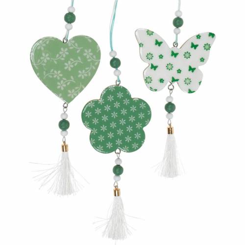 Décoration à suspendre coeur fleur papillon blanc, décoration de printemps en bois vert 6 pcs