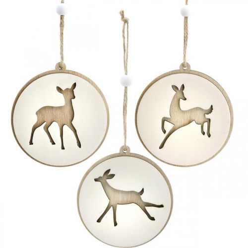 Pendentif avec cerf, décoration médaillon, décoration bois, Avent Ø9.5cm 6pcs