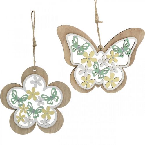 Floristik24 Papillon à suspendre, fleur pendentif en bois, décoration printanière à paillettes H11/14.5cm 4pcs