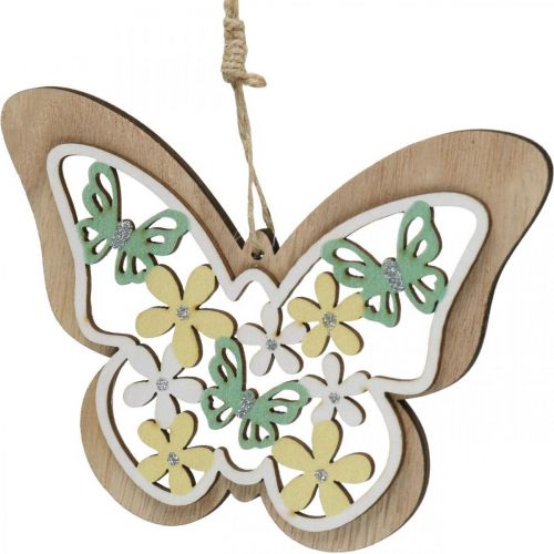 Article Papillon à suspendre, fleur pendentif en bois, décoration printanière à paillettes H11/14.5cm 4pcs