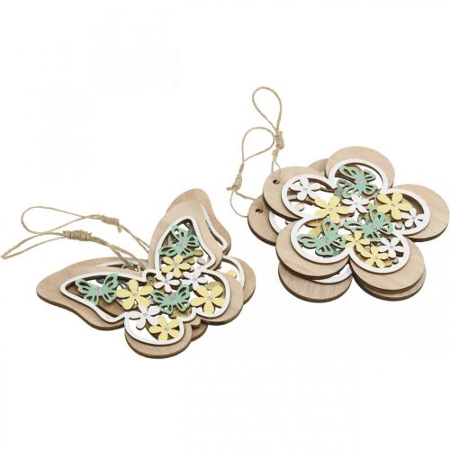 Article Papillon à suspendre, fleur pendentif en bois, décoration printanière à paillettes H11/14.5cm 4pcs
