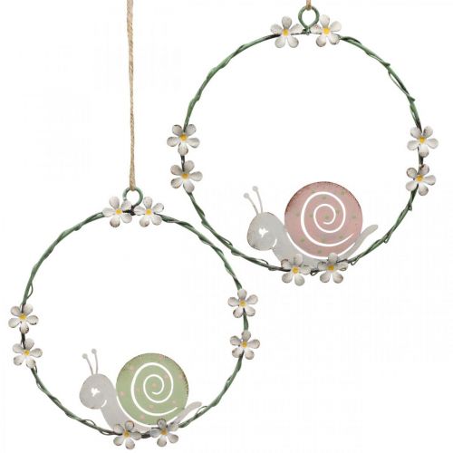 Floristik24 Bague décorative avec escargot, décoration printanière, décoration métal vert/rose Ø14,5cm lot de 2