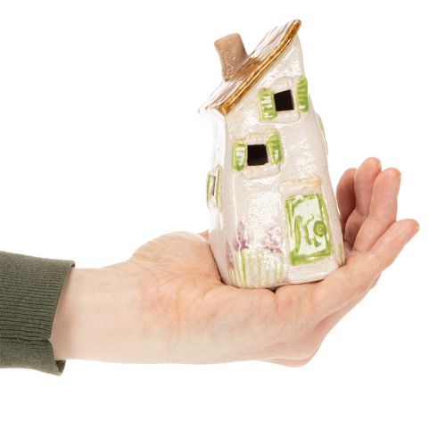 Article Maison rustique en céramique avec LED lumineuse, idéale comme décoration de table d'ambiance, 15 cm, lot de 2