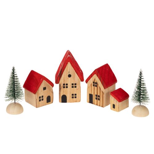 Set de maisons décoratives en bois avec toits rouges et sapins, 12 cm, 6 pièces acheter | Floristik24.fr
