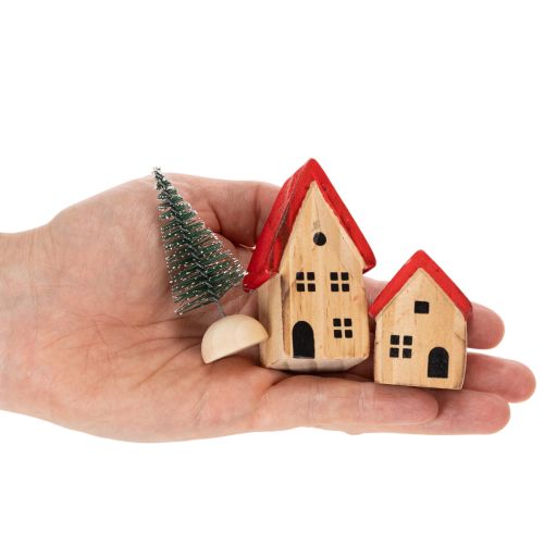 Set de maisons décoratives en bois avec toits rouges et sapins, 12 cm, 6 pièces | Floristik24.fr