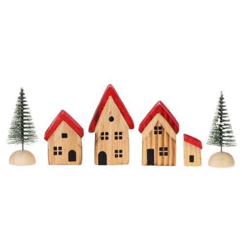 Set de maisons décoratives en bois avec toits rouges et sapins, 12 cm, 6 pièces | Floristik24.fr