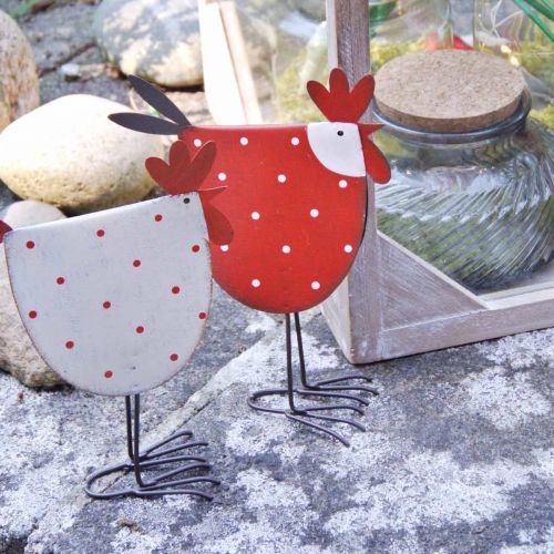 Floristik24 Coq Décoratif Métal Rouge, Blanc Décoration de Pâques H18,5cm Assortiment de 2pcs