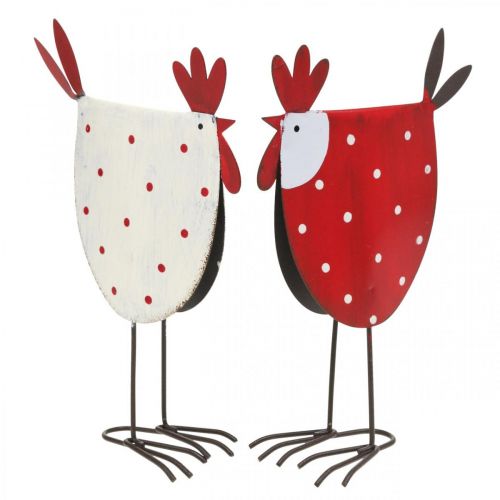 Coq Décoratif Métal Rouge, Blanc Décoration de Pâques H18,5cm Assortiment de 2pcs
