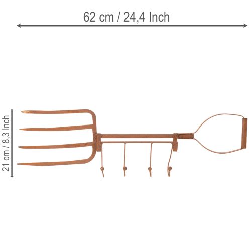 Barre à crochets en métal rouillé, fourche à foin décorative, décoration de jardin, 4 crochets, 62 cm | Floristik24.fr