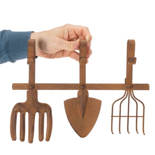 Barre à crochets pour outils de jardin, décorations de jardin, râteau, bêche et houe ; porte-manteau en métal rouillé, L33,5 cm | Floristik24.fr