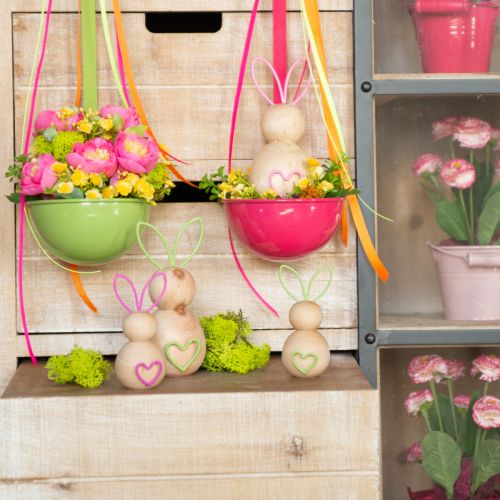 Article Figurine décorative de lapin en bois avec oreilles en fil de fer pour décorations de Pâques modernes, 11 cm, lot de 4