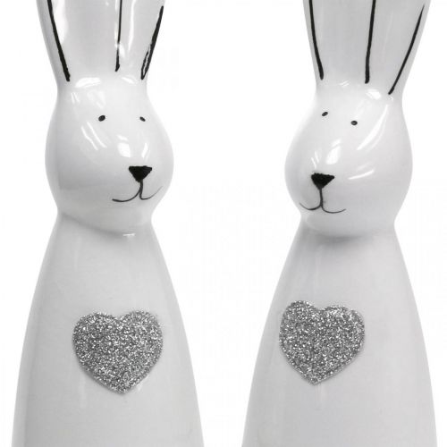 Floristik24 Lapin en céramique noir et blanc, décoration lapin de Pâques paire de lapins avec coeur H20,5cm 2pcs